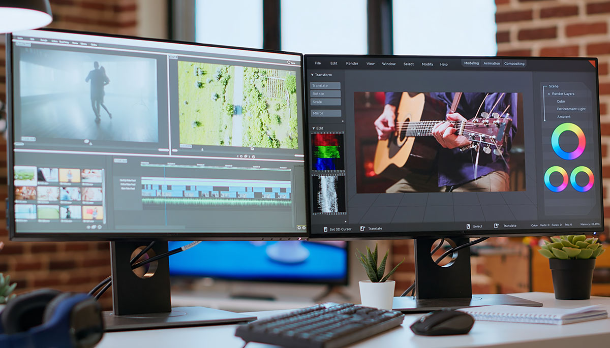 A dual-monitor video editing and color grading setup in an empty studio